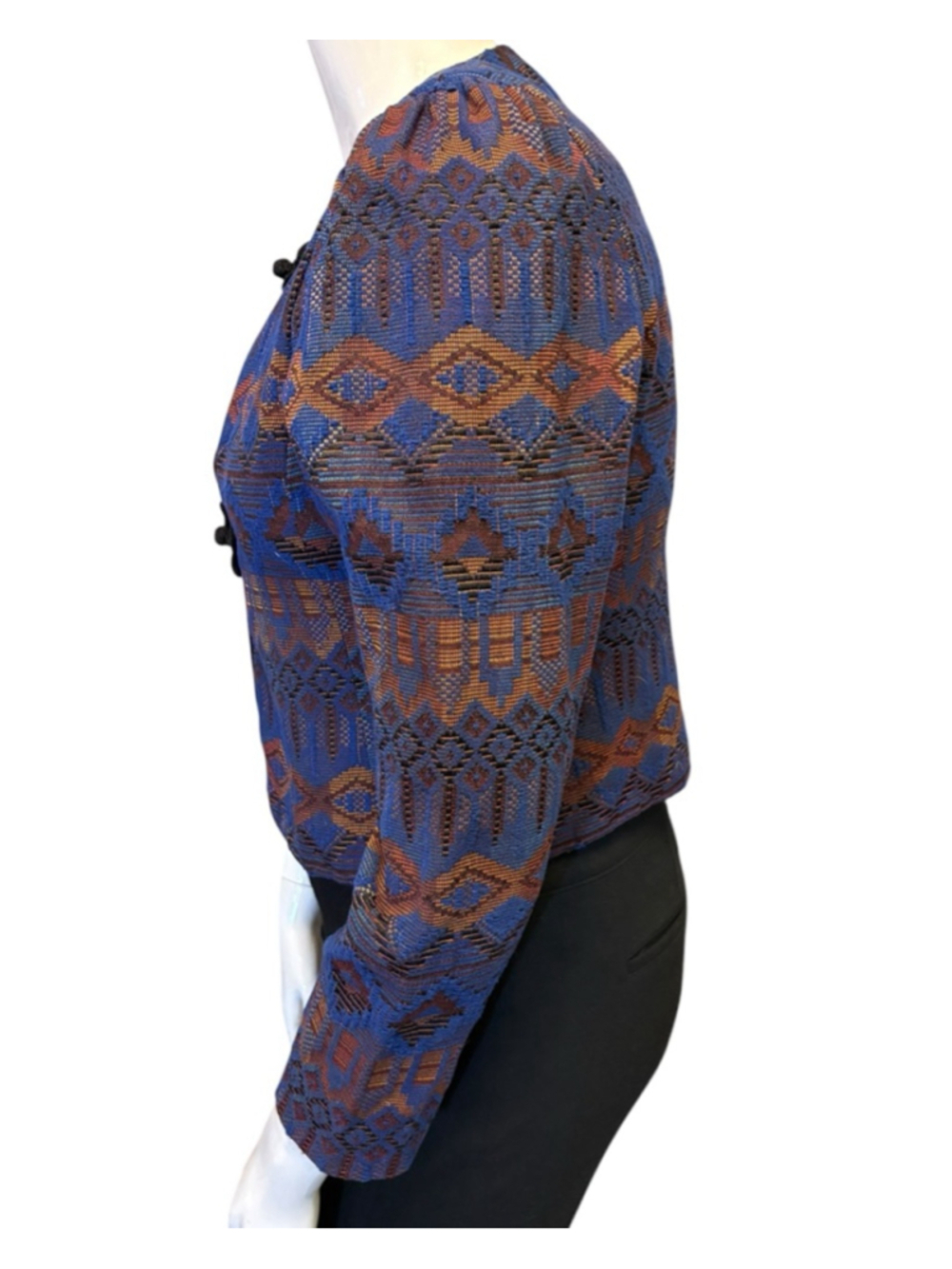 Vintage 80s Blue Copper Jacquard Cropped Evening Jacket,M, Frog Closure Boutique - Picture 8 of 13